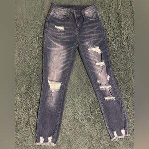 Stylish Distressed Women's Jeggings in Dark Blue